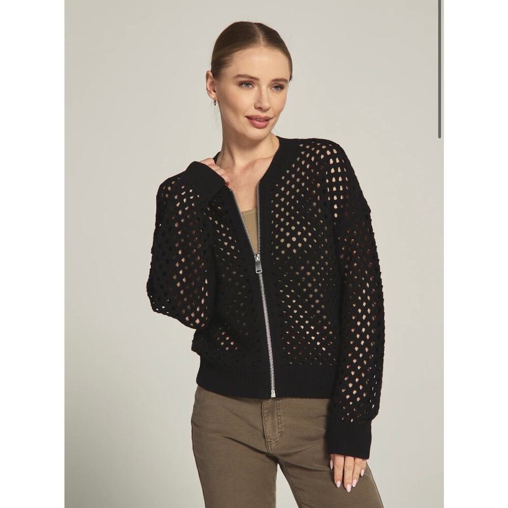 7Diamonds Black Rene Open Knit Bomber Jacket Zip Cotton Layering Size Small NWT